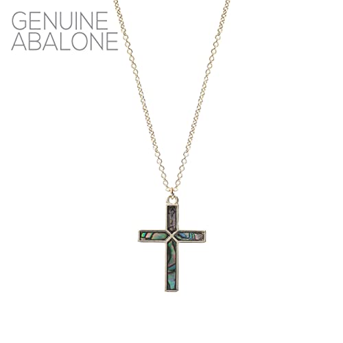 Stunning Abalone Shell Religious Cross Pendant Necklace, 18"+3" Extender (Gold Tone)