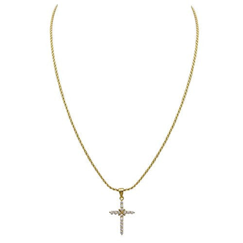 Stunning Religious Cubic Zirconia Crystal Cross Pendant 24K Dipped Gold Rope Chain Necklace, 18" with Anti-tarnish Protection
