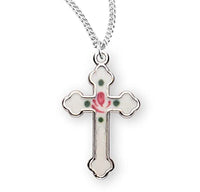 Rosemarie's Religious Gifts Women's Sterling Silver Small White Enameled Budded Cross With Flower Pendant Necklace, 18"