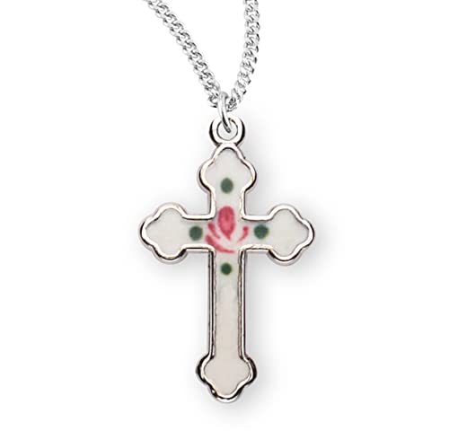 Rosemarie's Religious Gifts Women's Sterling Silver Small White Enameled Budded Cross With Flower Pendant Necklace, 18"