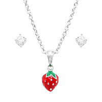 Rosemarie & Jubalee Women's Made In Italy Dainty Sterling Silver Cable Chain With Adjustable Slide And Petite Enamel Strawberry Necklace Pendant Stud Earrings Gift Set, 22"