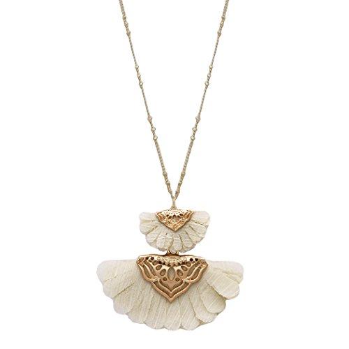 Fabric Flower Petal Long Pendant Necklace (Ivory)