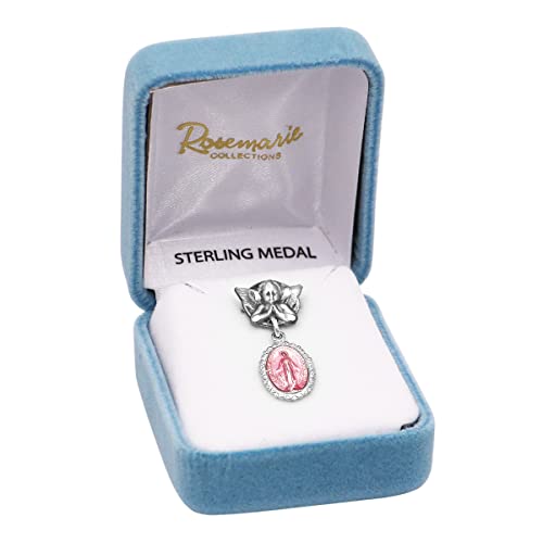 Rosemarie's Religious Gifts Sterling Silver Petite Angel Pin with Enameled Oval Miraculous Medal of Mary (Pink)