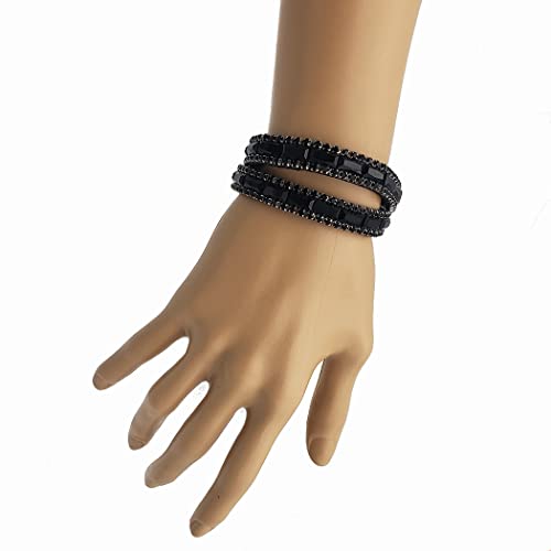 Versatile And Stunning Baguette Crystal Choker Necklace Or Double Wrap Magnetic Clasp Bracelet, 14.5" Black