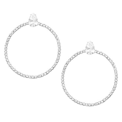Dazzling Silver Tone Forward Facing Hoops With Premium Cubic Zirconia Crystals Hypoallergenic Post Back Earrings, 50mm