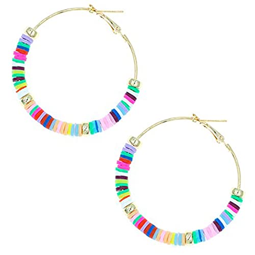 Vibrant Rainbow syntheticRubber Rings With Gold Tone Beads Statement Hypoallergenic Lever Back Hoop Earrings, 50mm