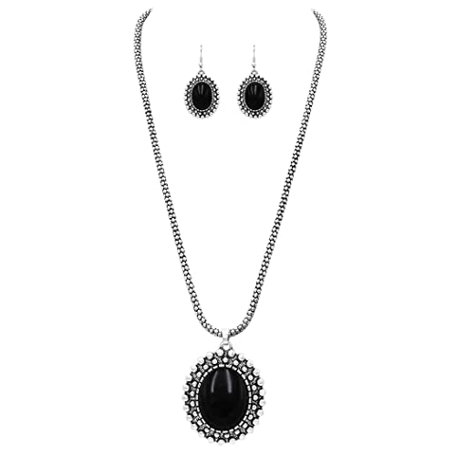 Western Style Silver Tone Concho Medallion with Natural Howlite Necklace Earrings Set, 26"+3" Extension (Black)