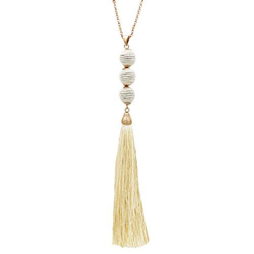 Women's Long Ivory Thread Ball and Tassel Statement Pendant Necklace, 30" with  3" Extender