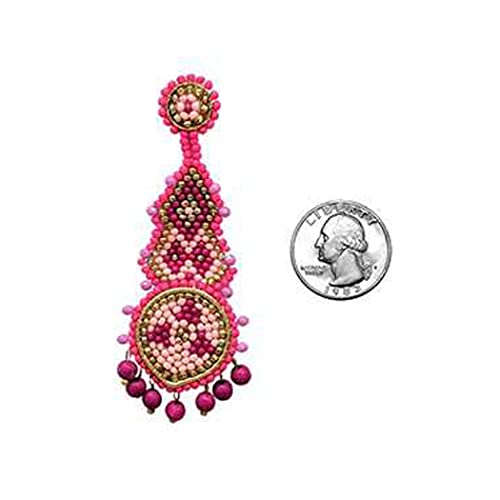 Peyote Stitch Seed Bead With Fringe Statement Post Earrings, 3.25" (Fuchsia Pink)