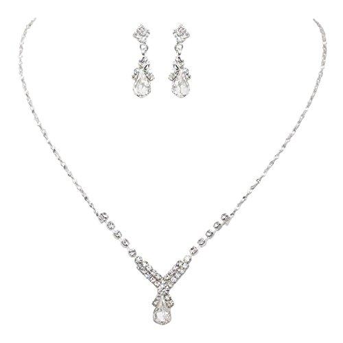 Simple Teardrop Crystal Fashion Necklace Earrings Jewelry Set