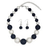 Statement Piece X-Large Holiday Simulated Pearl Strand Bib Necklace Earrings Set, 18"+4" Extender (Black White Mix Silver Tone)