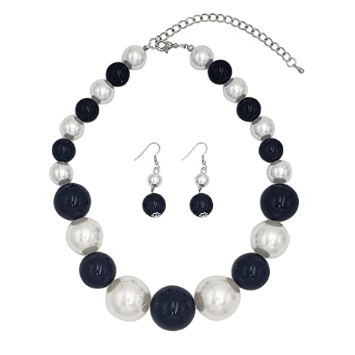 Statement Piece X-Large Holiday Simulated Pearl Strand Bib Necklace Earrings Set, 18"+4" Extender (Black White Mix Silver Tone)