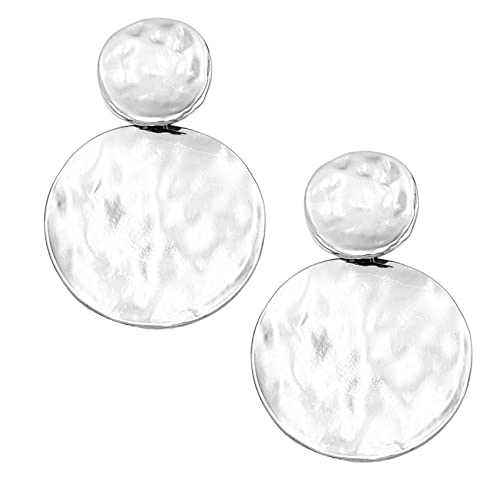 Statement Polished Metal Hammered Texture Solid Disc Clip On Earrings, 2.75" (Silver Tone)
