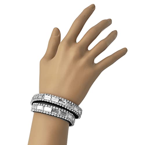 Stunning Baguette Crystal Double Wrap Magnetic Clasp Bracelet, 14.5" Clear