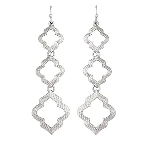 Sleek Matte Metal Textured Quatrefoil Dangle Moroccan Style Earrings, 2.75" (Matte Silver Tone)