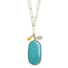 Statement Semi Precious Aqua Blue Stone Pendant On Polished Gold Tone Paperclip Link Necklace, 18"+3" Extender