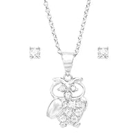 Rosemarie & Jubalee Women's Made In Italy Dainty Sterling Silver Cable Chain With Adjustable Slide And Hootiful Crystal Rhinestone Wise Owl Necklace Pendant And Earrings Gift Set, 22"