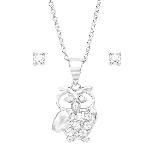 Rosemarie & Jubalee Women's Made In Italy Dainty Sterling Silver Cable Chain With Adjustable Slide And Hootiful Crystal Rhinestone Wise Owl Necklace Pendant And Earrings Gift Set, 22"