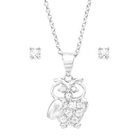 Rosemarie & Jubalee Women's Made In Italy Dainty Sterling Silver Cable Chain With Adjustable Slide And Hootiful Crystal Rhinestone Wise Owl Necklace Pendant And Earrings Gift Set, 22"