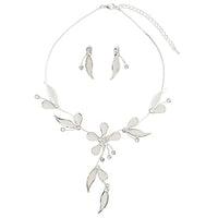 Stunning Petite Metal Mesh Flower With Crystal Accents Bridal Necklace And Dangle Earrings Jewelry Set, 15"+3" Extension (Silver Tone)