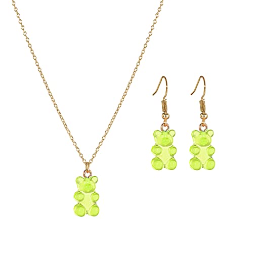Sweet Fun Petite Resin Gummy Bear Pendant Necklace Dangle Earrings Gift Set, 16"+3" Extender (Lime Green Yellow)