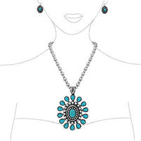 Cowgirl Chic Western Style Howlite Stone Concho Pendant On Polished Silver Tone Pearl Necklace Earrings Gift Set, 18"+3" Extension