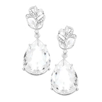 Glass Crystal Teardrop Statement Earrings (Silver Tone/Clear Crystal)