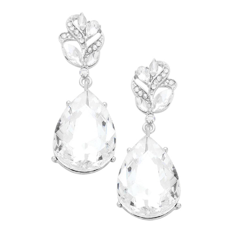 Glass Crystal Teardrop Statement Earrings (Silver Tone/Clear Crystal)