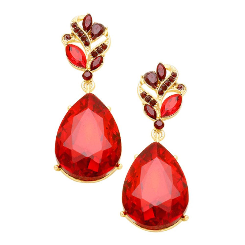 Glass Crystal Teardrop Long Dangle Earrings accessories(Gold Tone/Red)