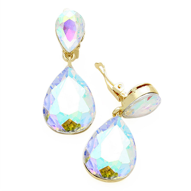 Double Teardrop Crystal Statement Clip On Earrings (AB Crystal Gold Tone)