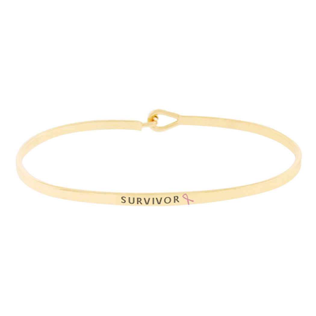 Pink Ribbon Breast Cancer Awareness Inspirational Thin Hook Bracelet, 7.25 (Survivor Gold Tone)