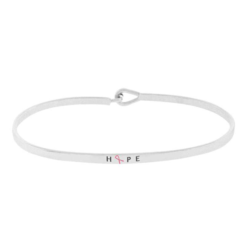 Pink Ribbon Breast Cancer Awareness Inspirational Thin Hook Bracelet, 7.25" (HOPE Silver Tone)