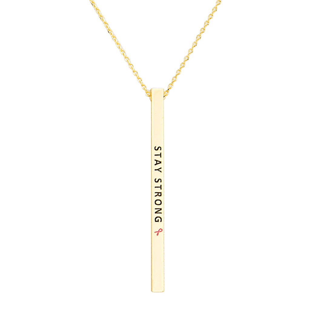 Pink Ribbon Vertical Bar Pendant Necklace Stay Strong (Gold Color)