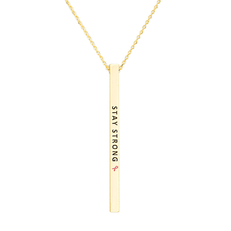 Pink Ribbon Vertical Bar Pendant Necklace Stay Strong (Gold Color)