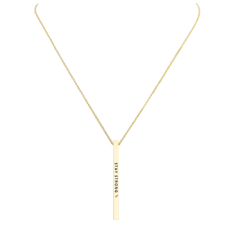 Pink Ribbon Vertical Bar Pendant Necklace Stay Strong (Gold Color)