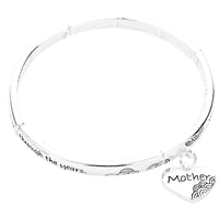 Women's Inspirational Quotes With Dangling Charm Silver Tone Stretch Bangle Bracelet, 2.5" (Mother)