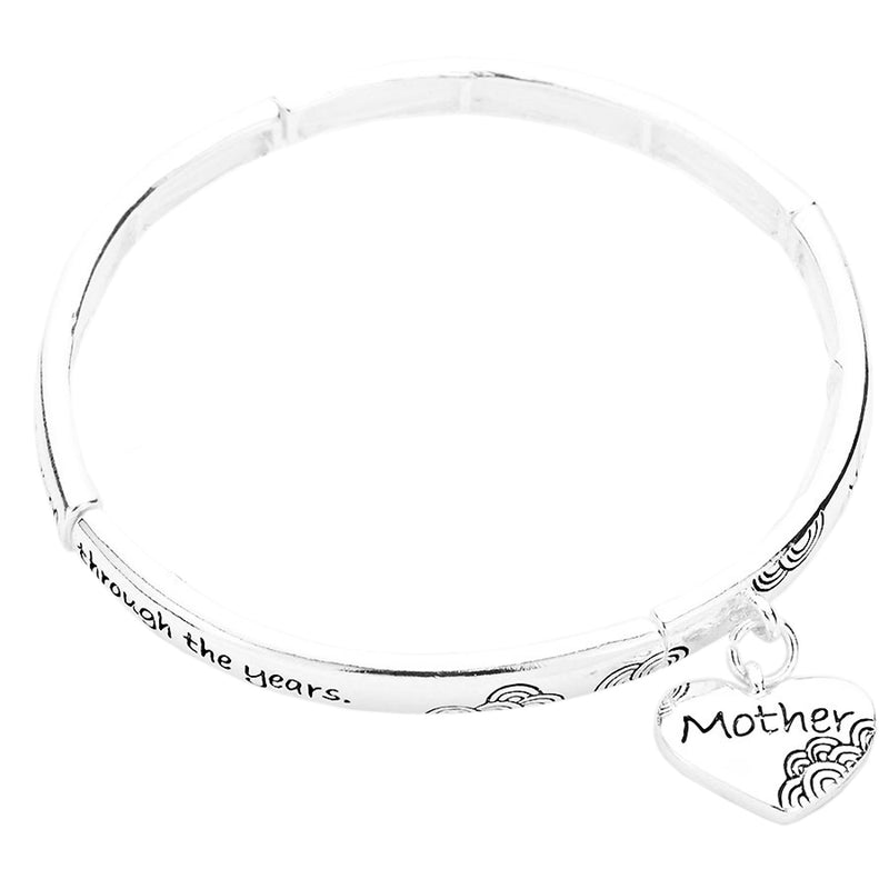 Women's Inspirational Quotes With Dangling Charm Silver Tone Stretch Bangle Bracelet, 2.5" (Mother)