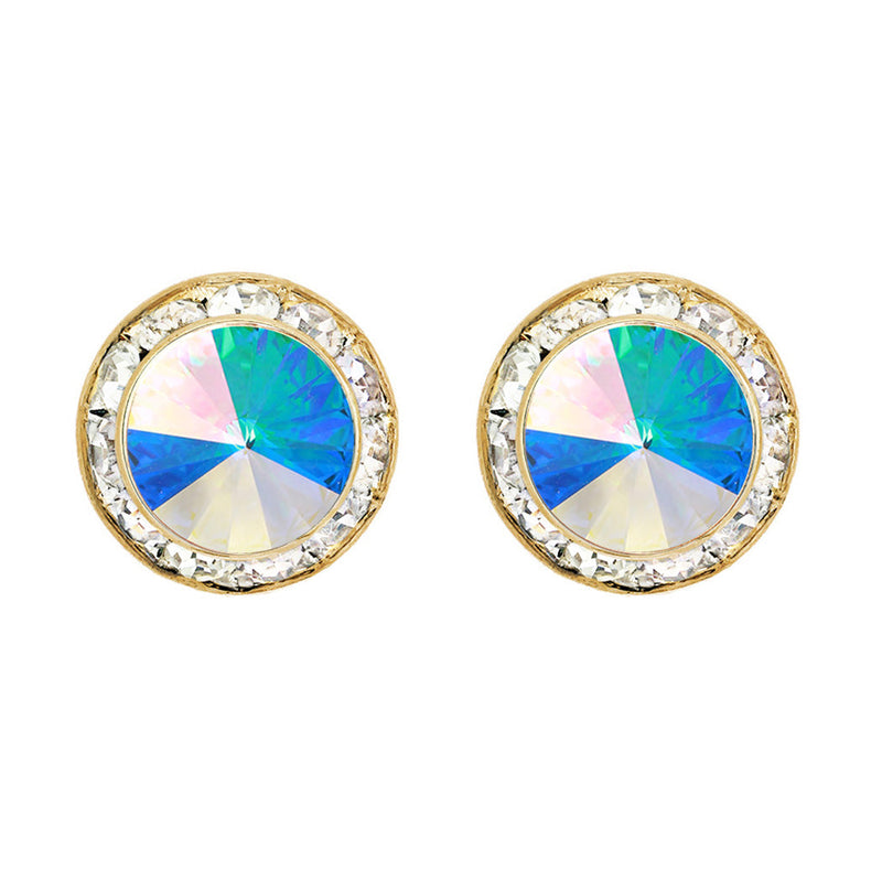 Hypoallergenic Post Back Halo Earrings Made with Swarovski Crystals, 15mm (AB Crystal Gold Tone)