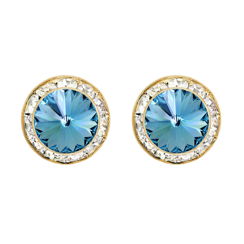 Hypoallergenic Post Back Halo Earrings Made with Swarovski Crystals, 15mm (Aqua Blue Gold Tone)