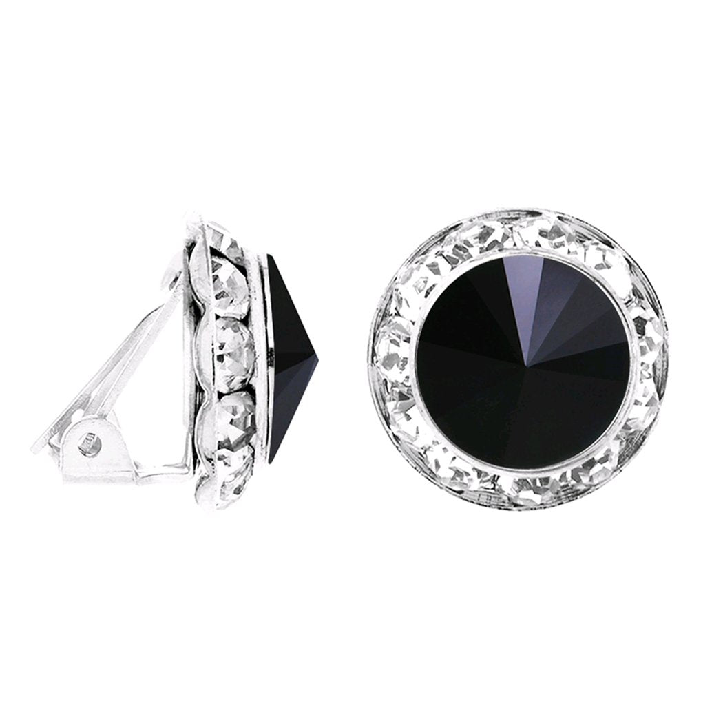 Timeless Classic Statement Clip On Earrings Made with Swarovski Crystals, 15mm-20mm (20mm, Jet Black Silver Tone)