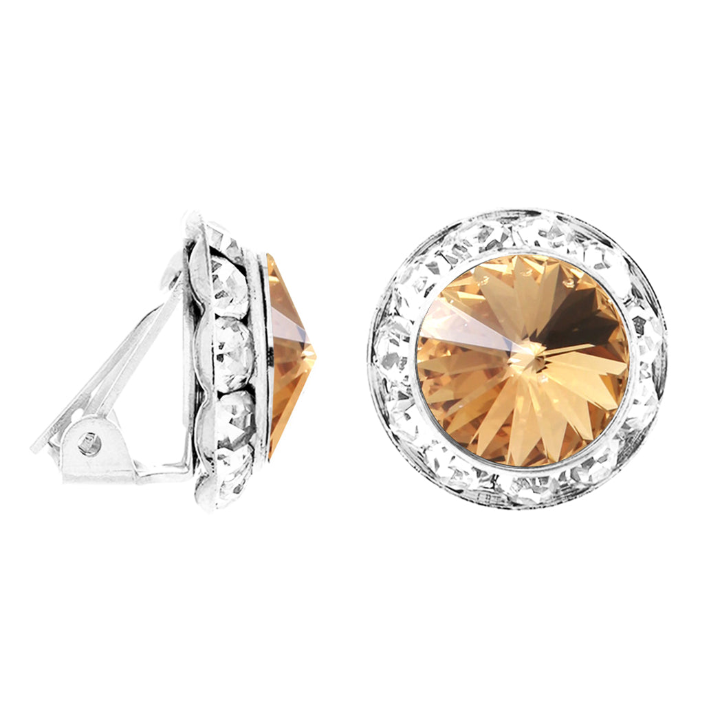 Timeless Classic Statement Clip On Earrings Made With Swarovski Crystals, 15mm-20mm (20mm, Light Topaz Yellow Silver Tone)