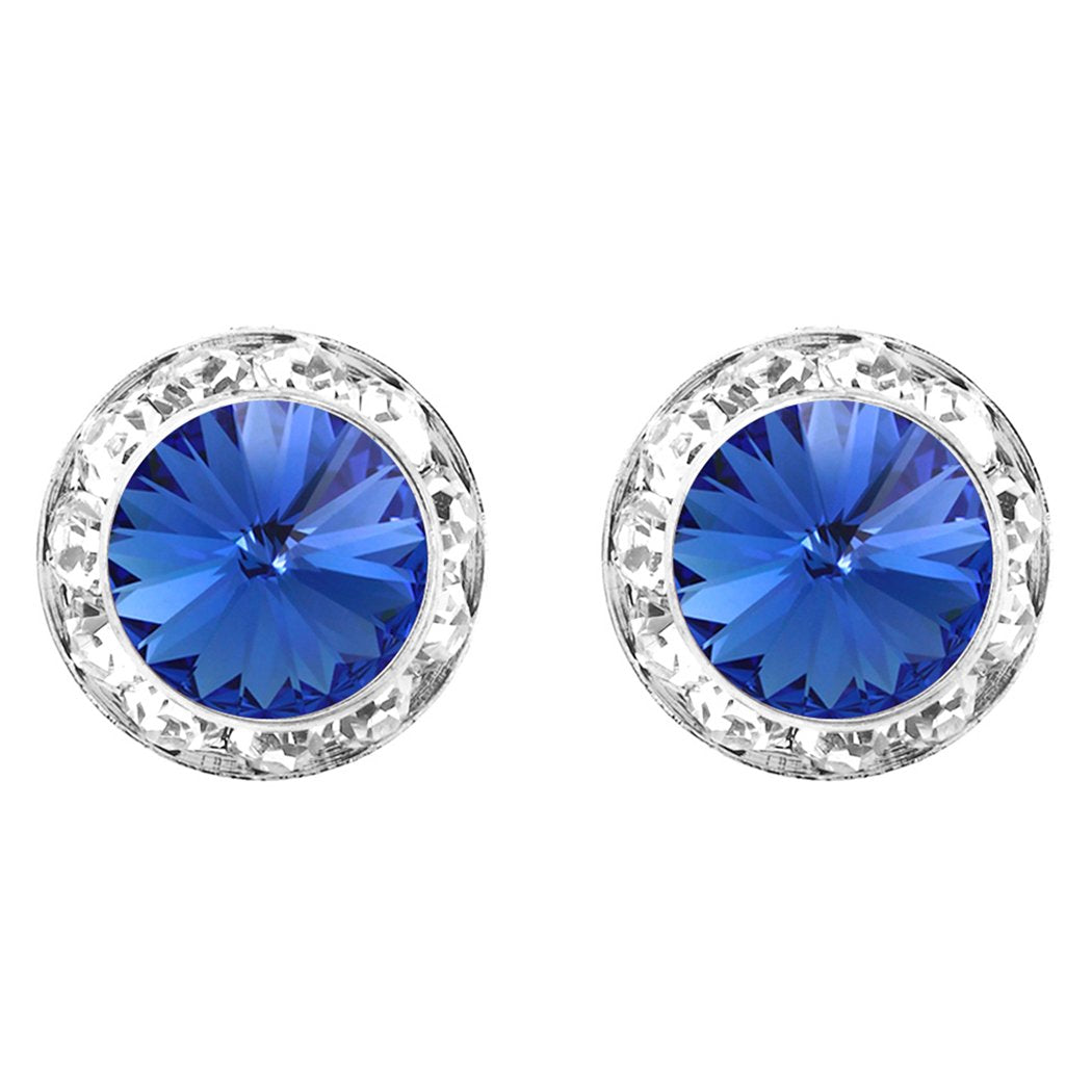 Timeless Classic 20mm Hypoallergenic Post Back Halo Earrings Made With Swarovski Crystals (Sapphire Blue Silver Tone)