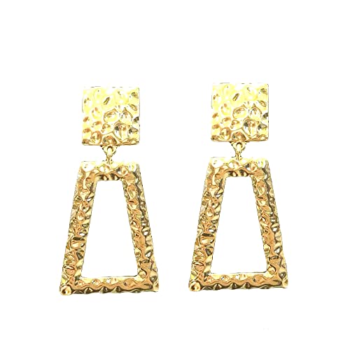 Statement Polished Metal Hammered Texture Trapezoid Hoop Clip On Earrings, 2.87" (Polished Gold Tone)