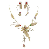 Stunning Metal Mesh Floral Statement Dangling Necklace Earring Set, 16"+3" Extender (Gold Tone Multicolor Crystals)
