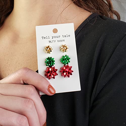Unique Holiday Christmas Birthday Celebration Bow Stud Earrings (Set Of 3 Red Green Gold)