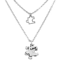 Set of 2 Polished Metal With Crystal Rhinestone Autism Awareness Puzzle Piece Charm Necklaces, (Silver Tone)16"-19" & 18"-21" with the 3" Extender