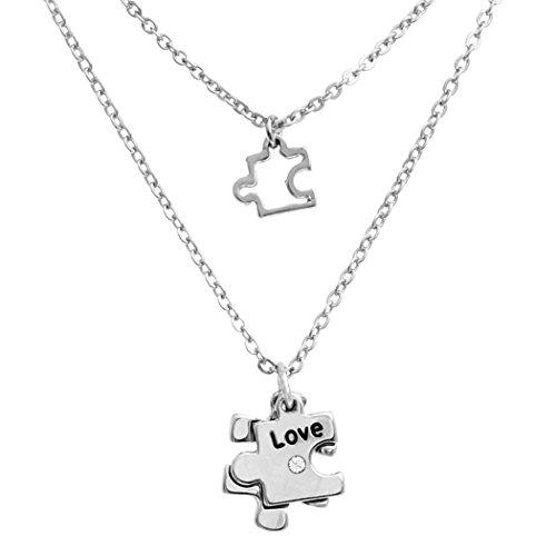 Set of 2 Polished Metal With Crystal Rhinestone Autism Awareness Puzzle Piece Charm Necklaces, (Silver Tone)16"-19" & 18"-21" with the 3" Extender