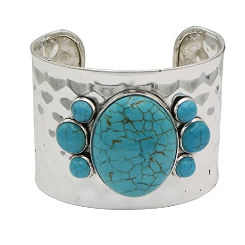 Cowgirl Glam Western Semi Precious Turquoise Howlite Stone Hammered Silver Tone Open Cuff Statement Bracelet, 8"