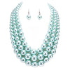 Multi Strand Simulated Pearl Necklace and Earrings Jewelry Set, 18"+3" Extender (Aqua Blue Silver Tone)
