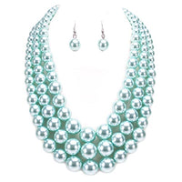 Multi Strand Simulated Pearl Necklace and Earrings Jewelry Set, 18"+3" Extender (Aqua Blue Silver Tone)